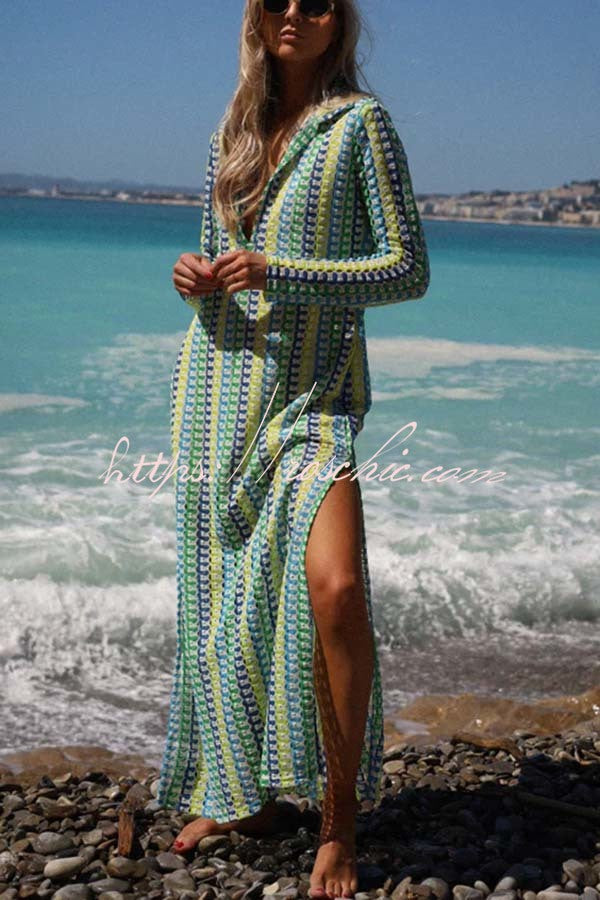 Eleanor Knit Colorful Wave Unique Print Shirt U-neck Long Sleeve Slit Maxi Dress