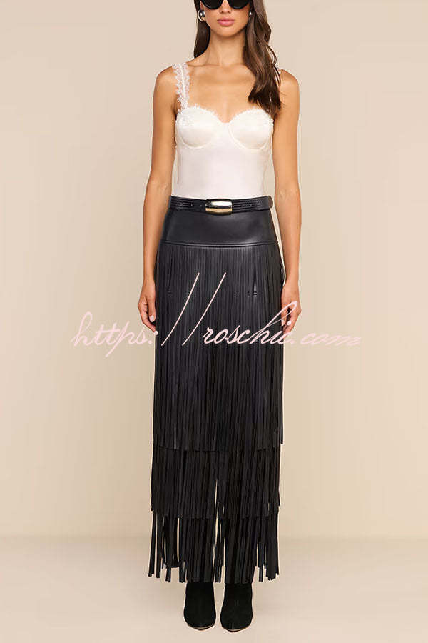Evie Faux Leather High Rise Three-layer Tassels Stretch Maxi Skirt