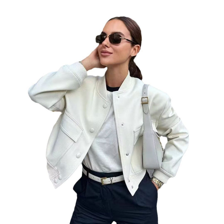 Women's Autumn Bomber Jacket with Front Pockets and Solid Color Design