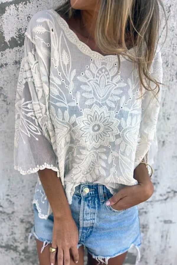 Fashionable Embroidered Floral Pattern Loose-fitting Openwork Casual Top