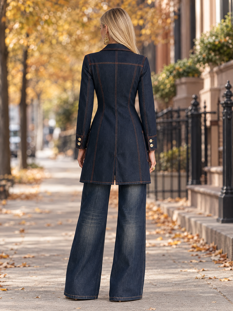 Vintage Chic Dark Rinse Contrast Stitch Double Breasted Longline Denim Blazer, view 6 - Elena Harper