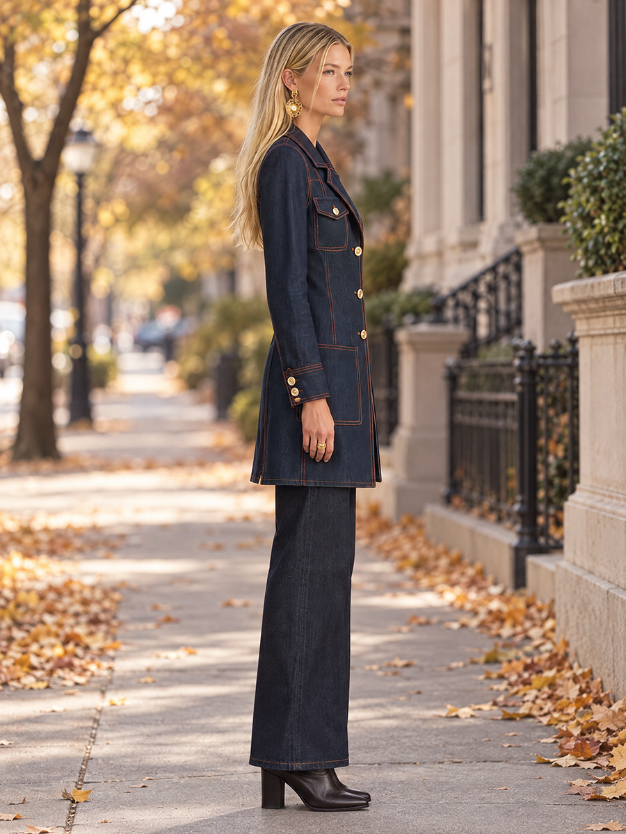 Vintage Chic Dark Rinse Contrast Stitch Double Breasted Longline Denim Blazer, view 5 - Elena Harper