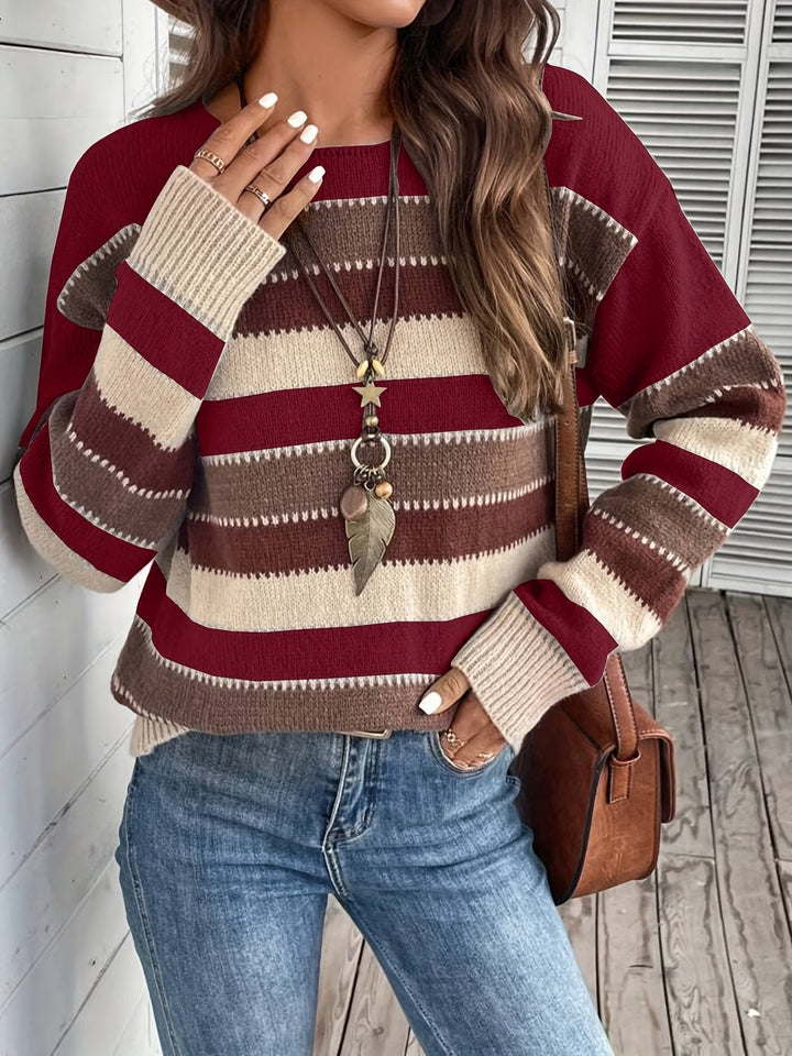 Women's Striped Knit Sweater with Round Neck