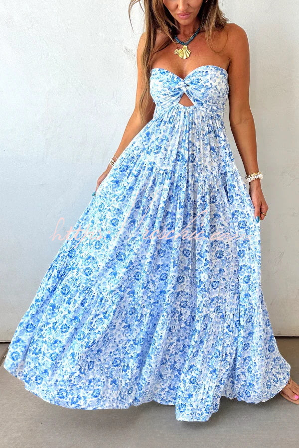 Floral Print Sleeveless Off-shoulder Cutout Resort Style Maxi Dress, view 3 - Elena Harper