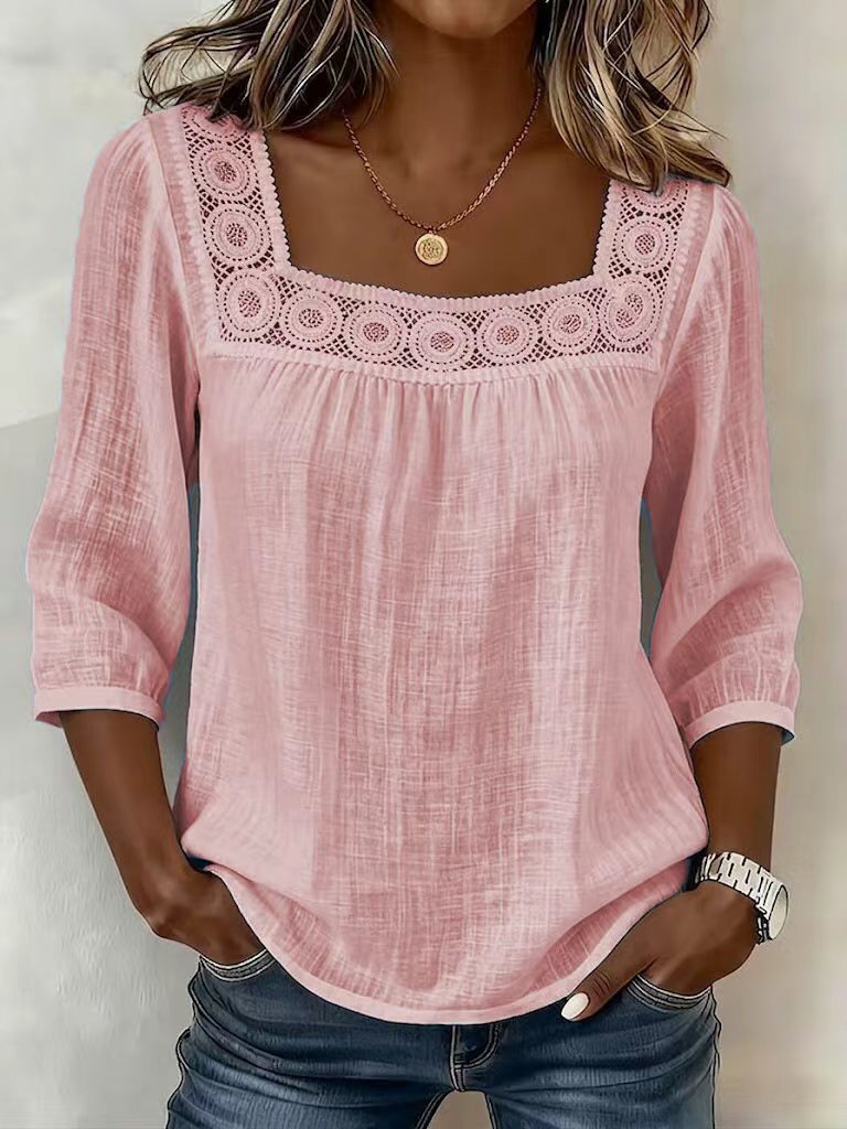 Women's Cotton and Linen Blouse with Square Neckline and Refined Lace