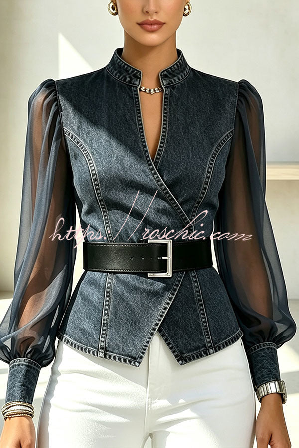 Faux Denim & Sheer Tulle Sculpted Crossover Blouse
