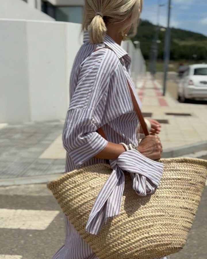 Daphne Women's Striped Button Front Midi Shirt Dress, view 5 - Elena Harper