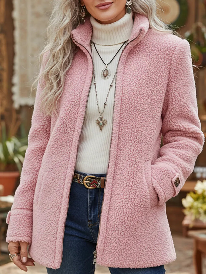 Women's Zip-Up Fleece Effect Jacket – Comfortable Mid-Length Warm Coat