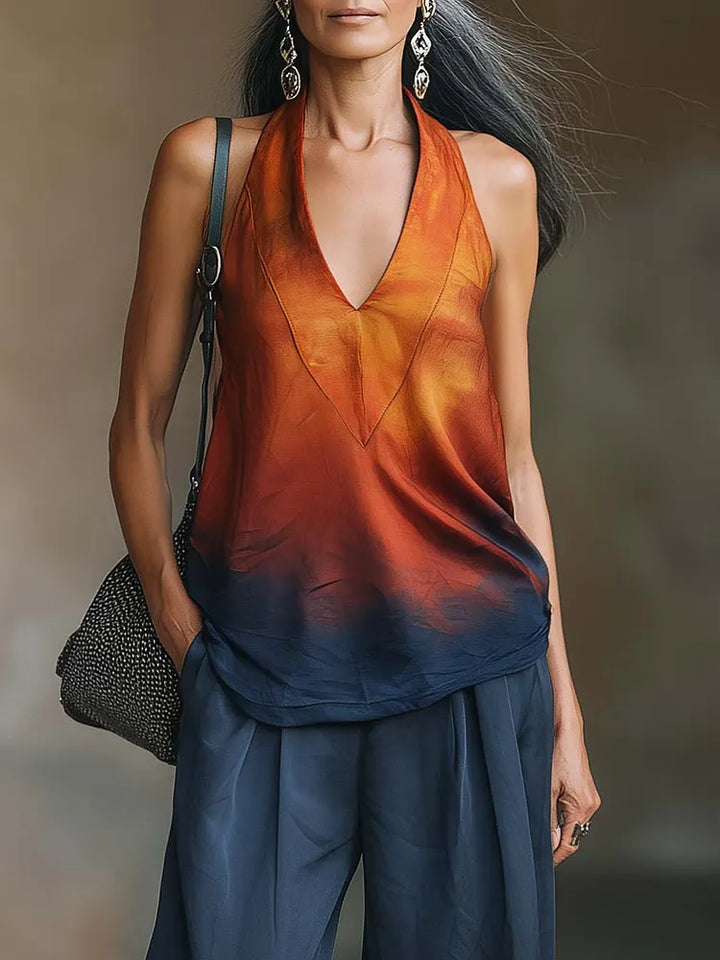 Stylish Elegant Gradient Halter Top And Wide-leg Pants Two-piece Set