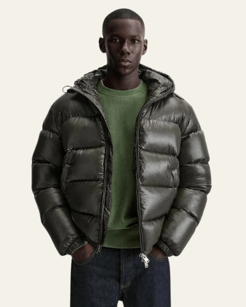 Men's Winter Jacket with Shiny Nylon and Goose Down Filling