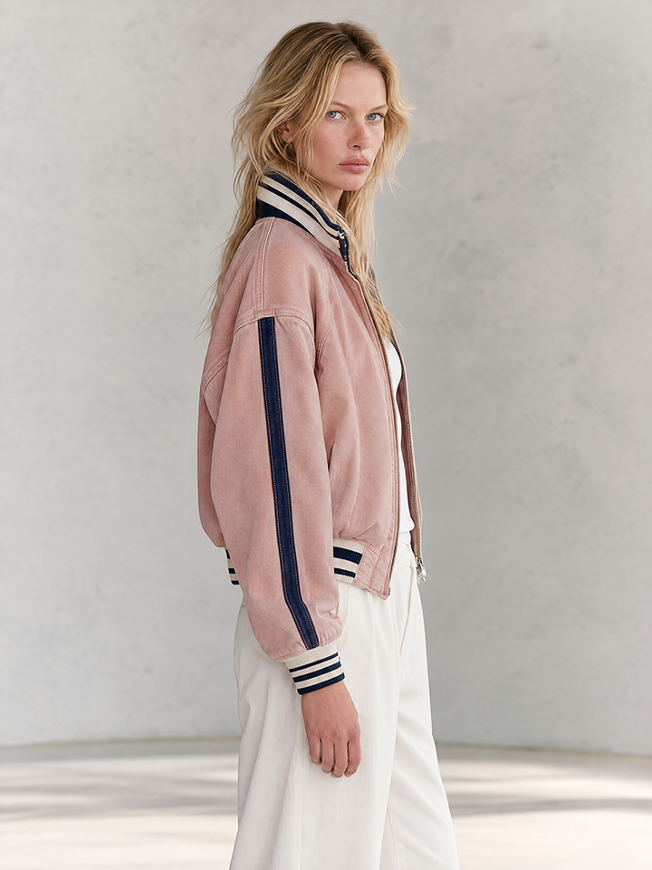 Retro Sporty Pink Washed Striped Rib Trim Oversized Zip Up Denim Bomber Jacket