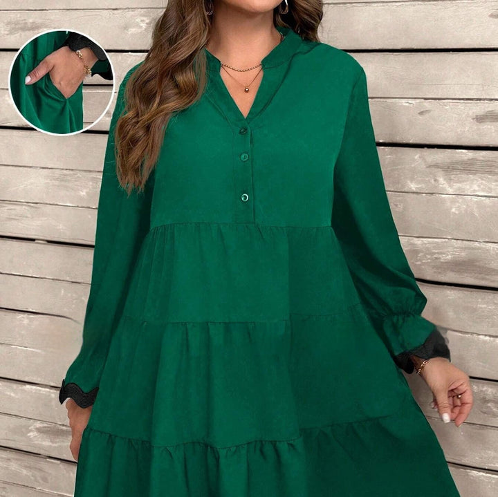 Women's Loose Midi Dress with V-Neck and Long Sleeves