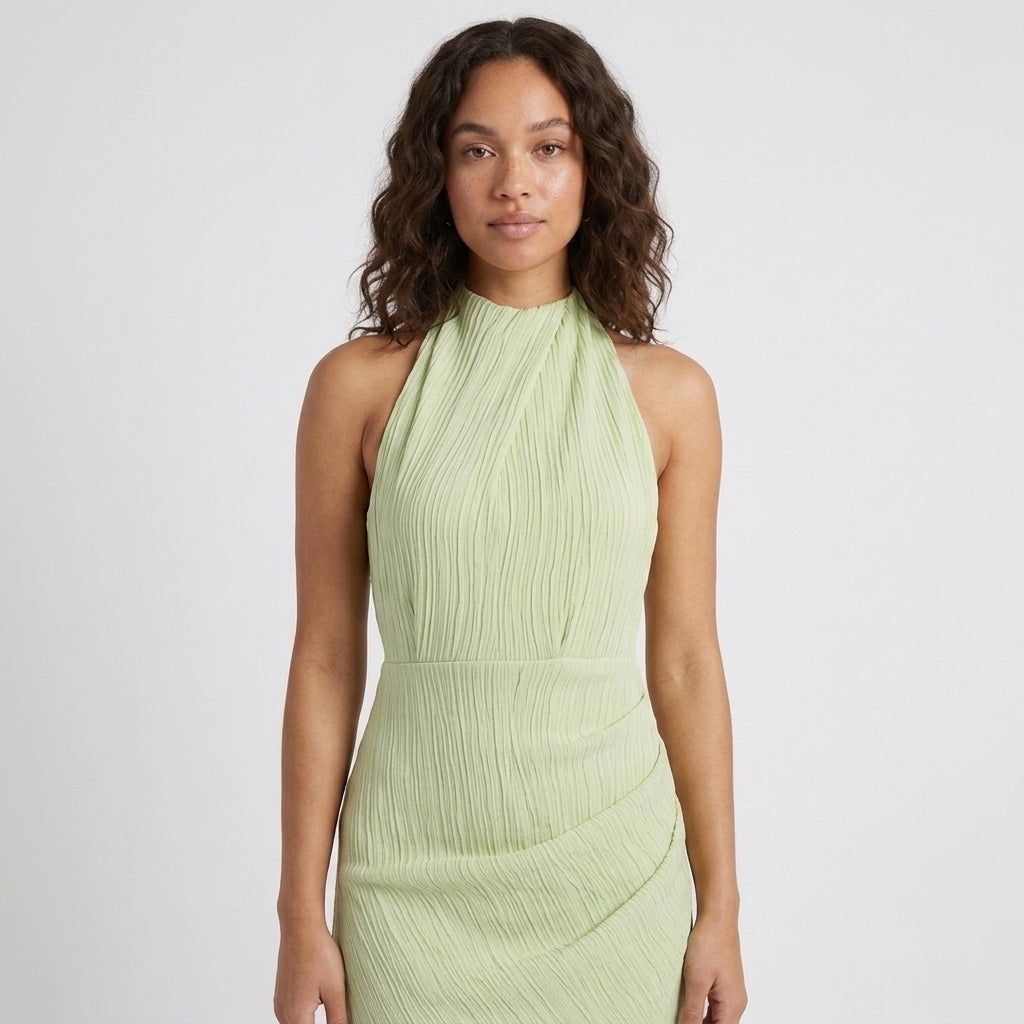 Backless Midi Dress Pleated Neckline Slim Fit Wedding Party