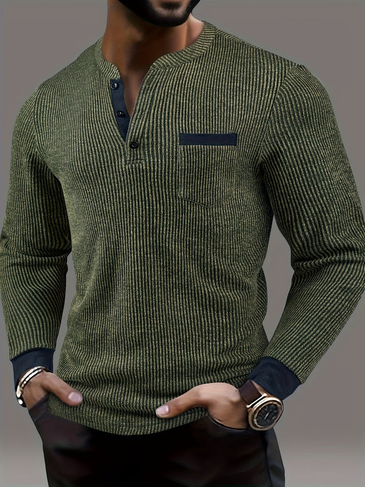 Deegan Long Sleeve Henley Shirt with Textured Striped Collar - Elena Harper