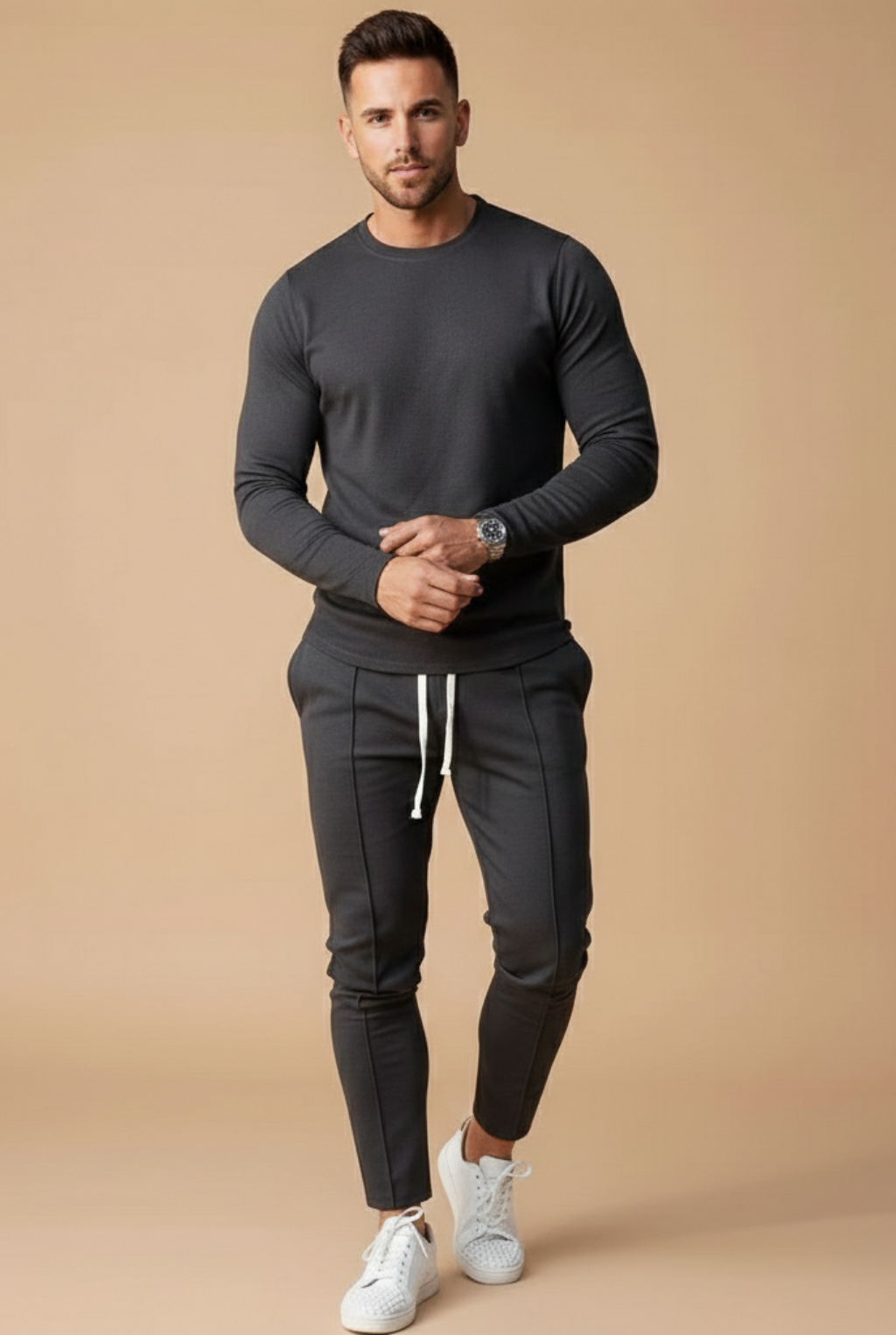 Men's Slim Fit Set – Long Sleeve Top and Slim Leg Pants with Drawstring for Casual Use