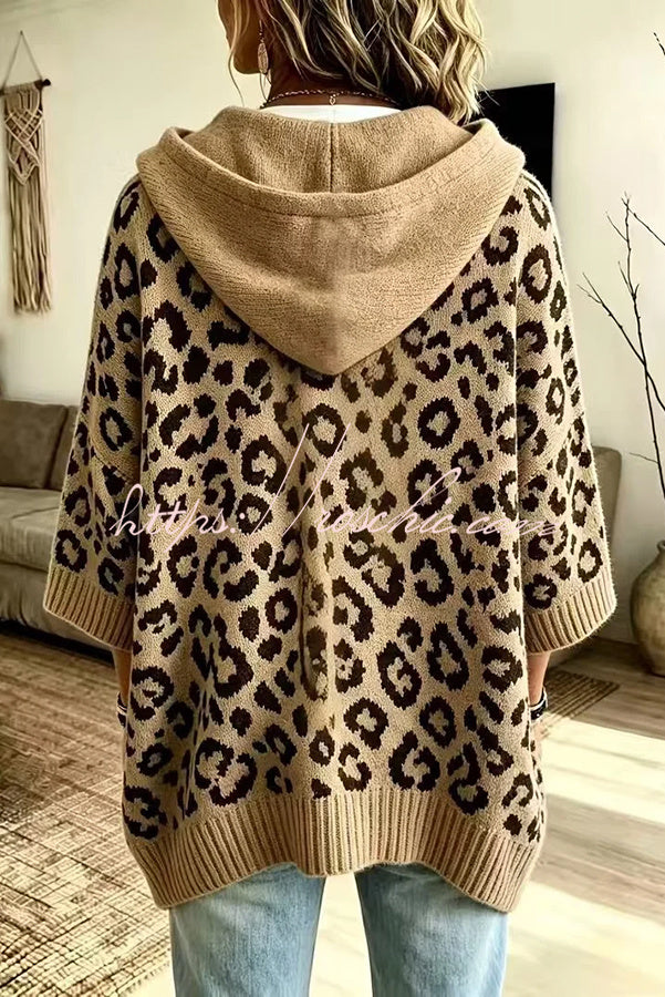 Comfortable and Casual Knit Leopard Print Half Sleeve Hoodie Sweater