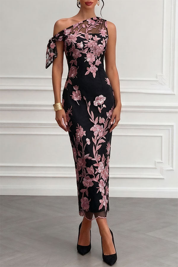 Kylen Floral Embroidery Bow Lace One Shoulder Sleeveless Sheath Maxi Dress