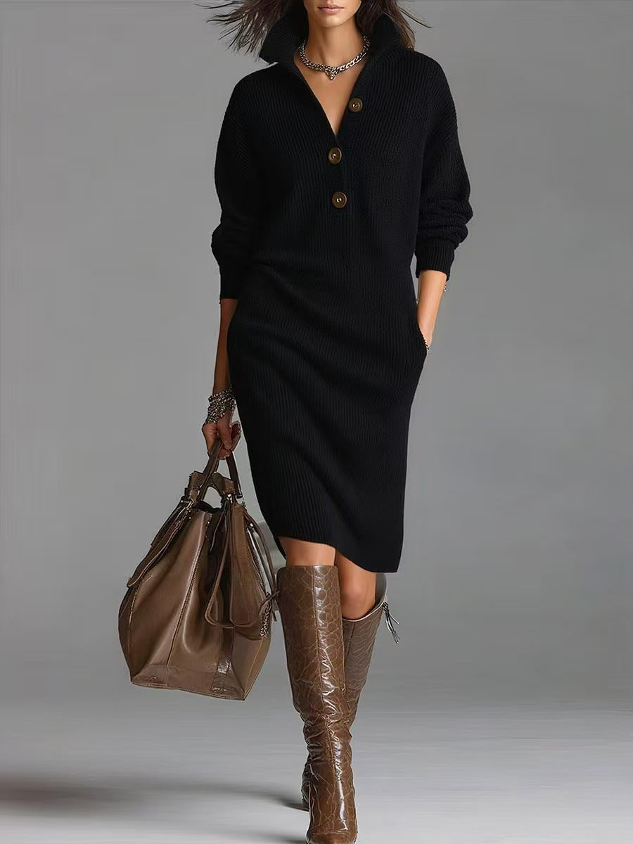 Women's Long Sleeve Knit Dress – High V-Neck with Buttons
