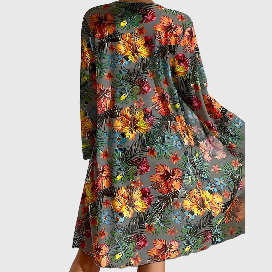 Three-Piece Women's Bikini Tropical Print Knotted Top Matching Kimono