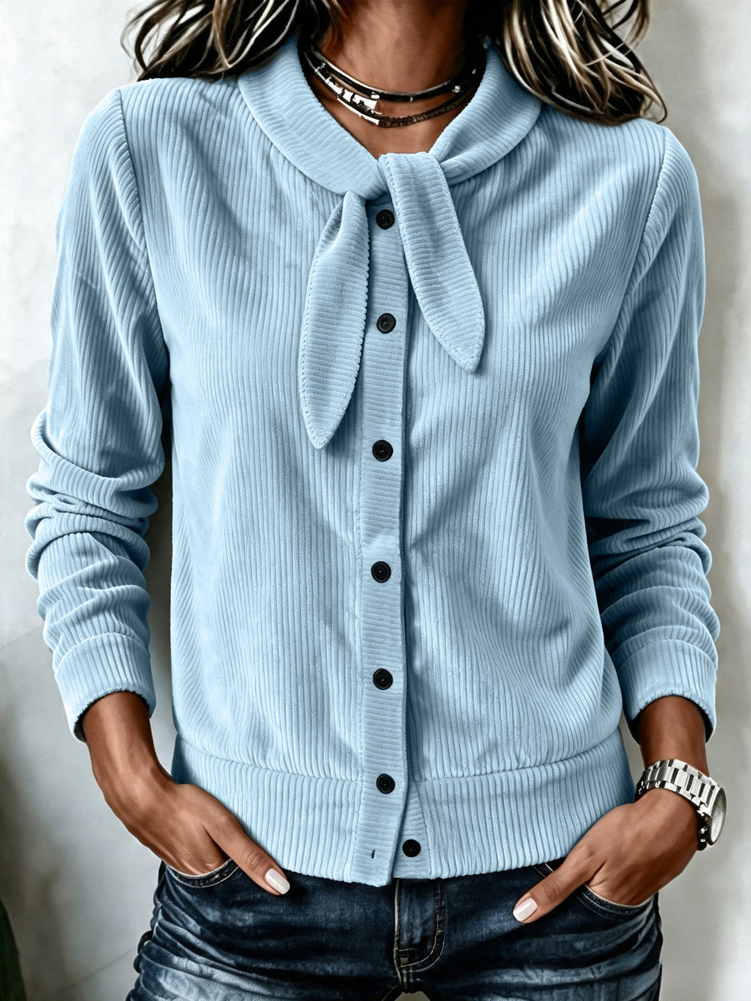 Women's Buttoned Sweater with Velvet Bow - Soft and Refined