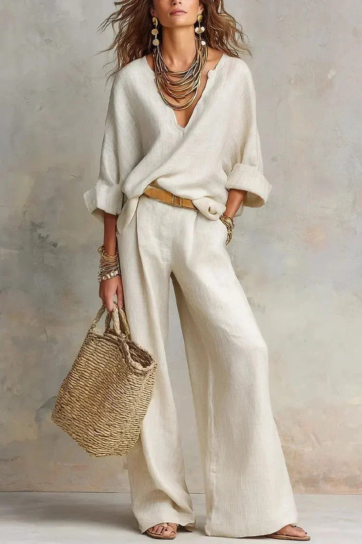 Fluid Women's Ensemble with V-Neck and Wide Pants