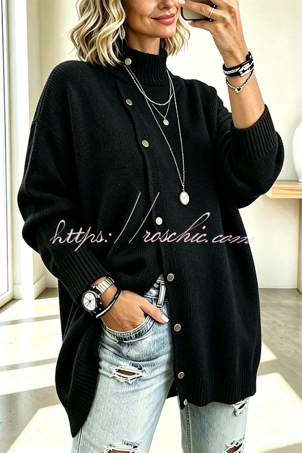 Warm Season Knit Turtleneck Button-down Long Sleeve Loose Sweater