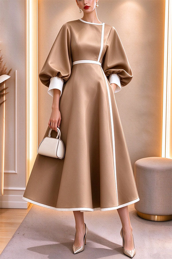Elegant Color-block Lantern Sleeve Cinched Waist Pocketed Mid Dress