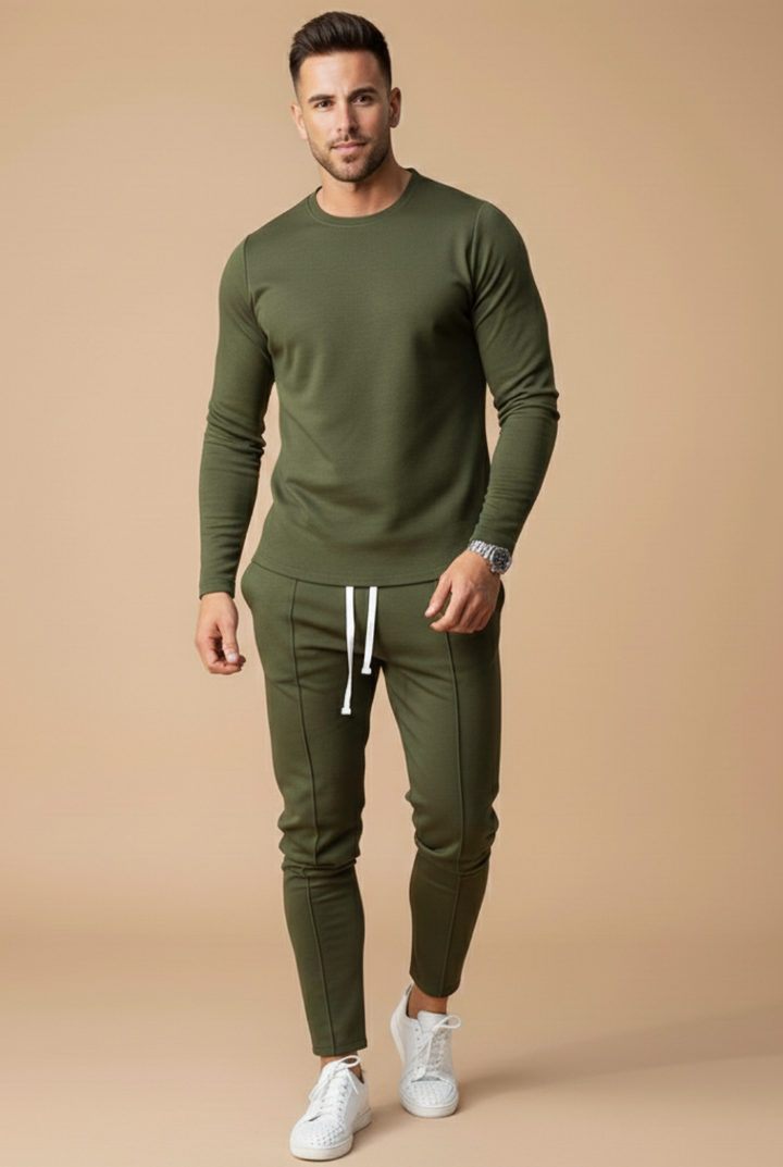 Men's Slim Fit Set – Long Sleeve Top and Slim Leg Pants with Drawstring for Casual Use