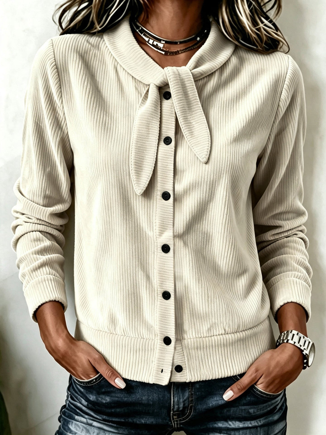 Women's Buttoned Sweater with Velvet Bow - Soft and Refined