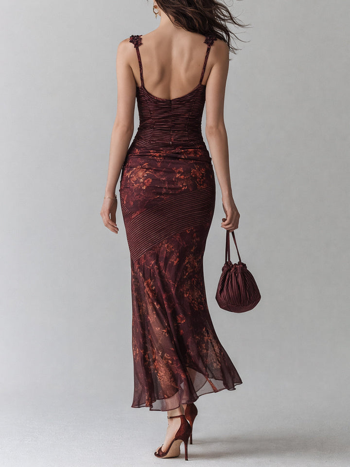 Retro Striped Flower Splicing Suspender Maxi Dress