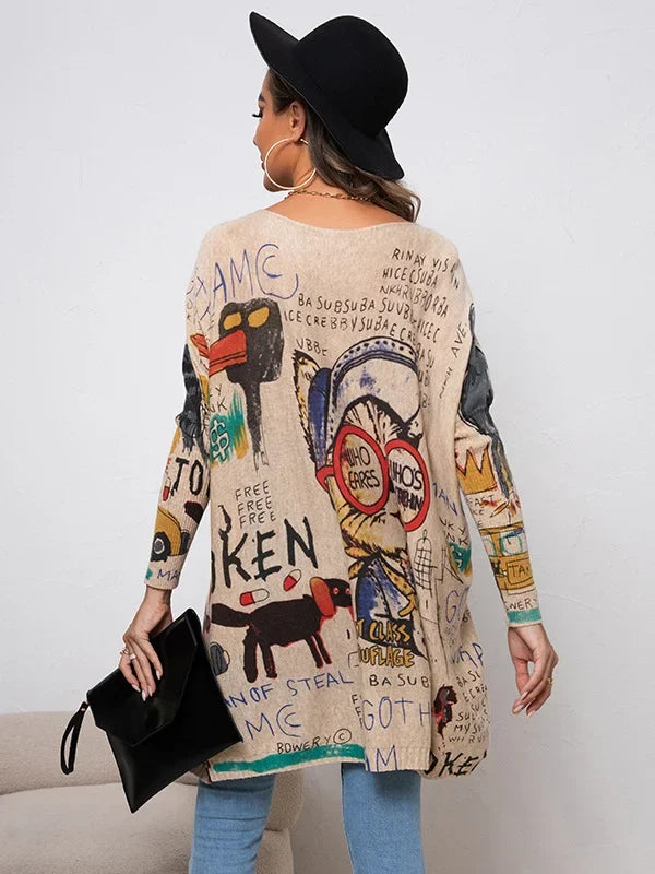 Lunisse Knitted Sweater with Artistic Cartoon Print, view 10 - Elena Harper