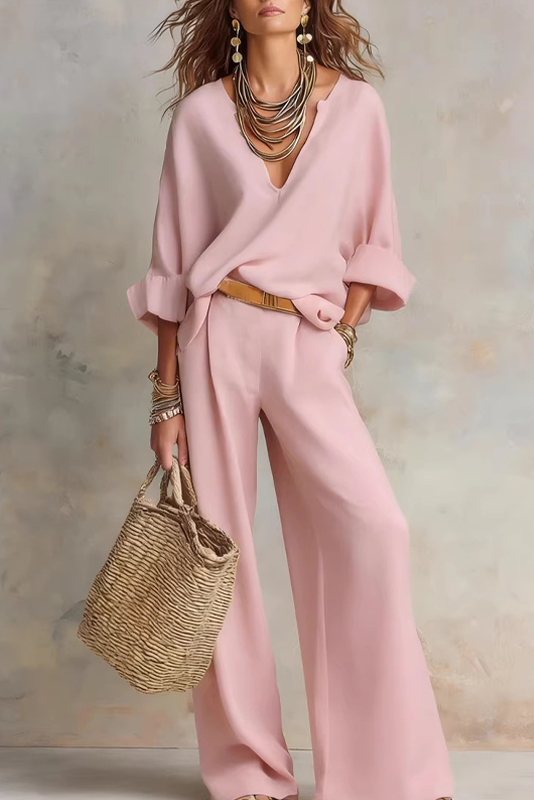Fluid Women's Ensemble with V-Neck and Wide Pants
