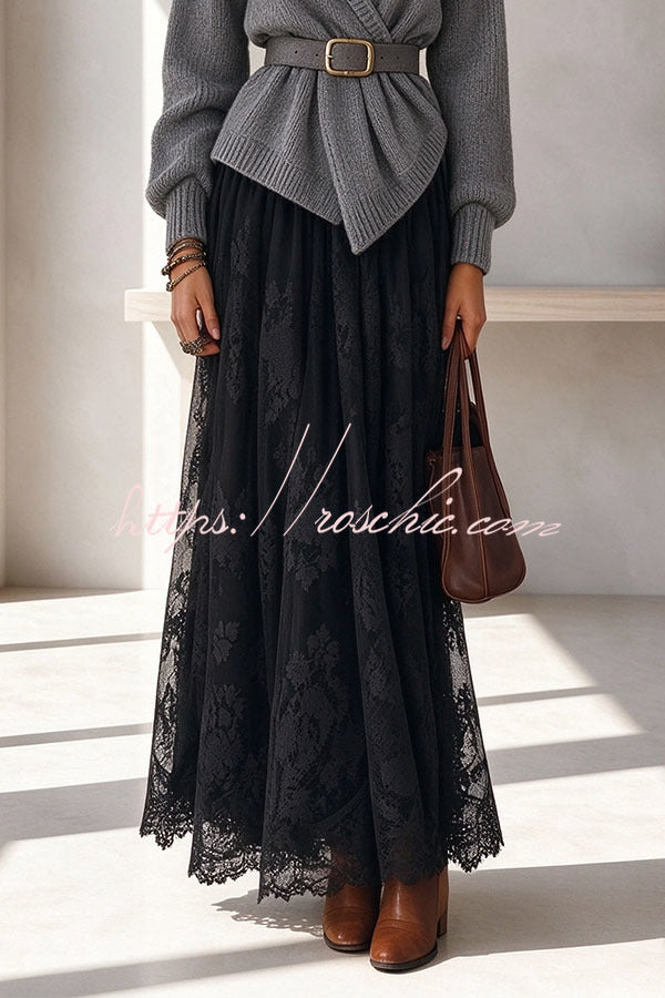 Exquisite Lace High Rise Elastic Waist A-line Maxi Skirt