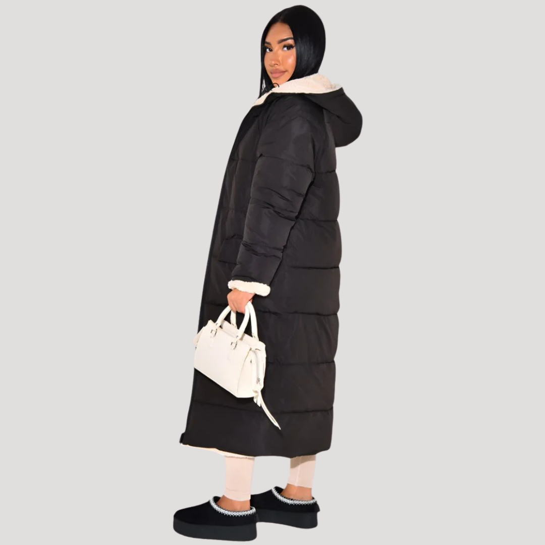 Reversible Long Women's Down Jacket with Borg Lining