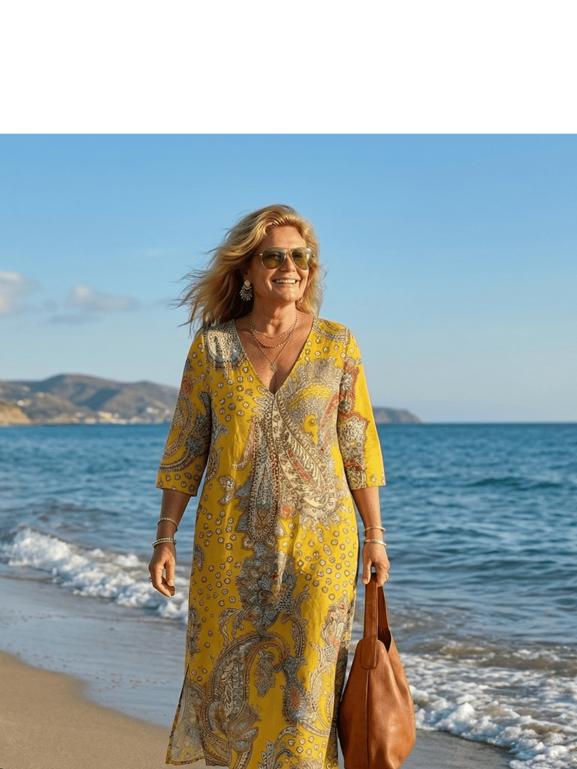 Emma & Rose Cape Town Rowan™ Soft Paisley Midi Dress with flowy fabric and paisley pattern, displayed on a hanger.