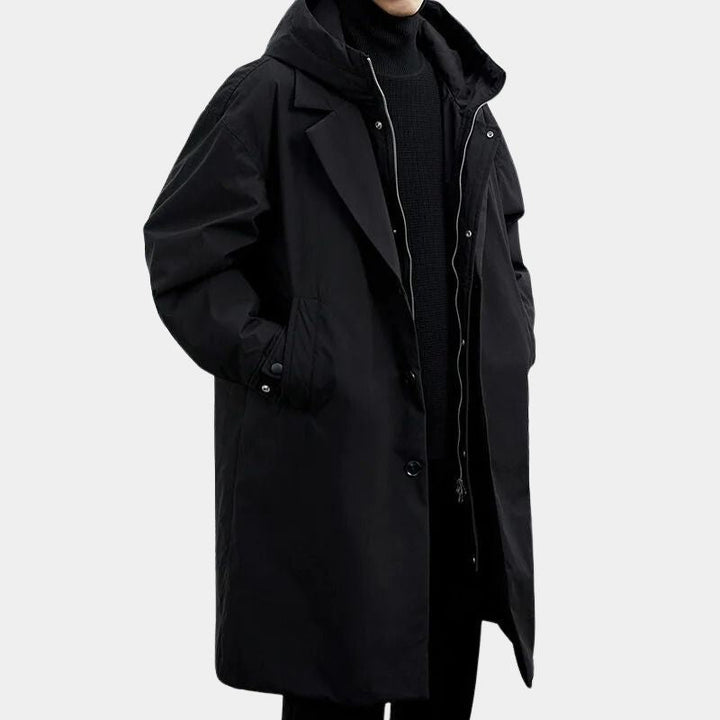 Men's Hooded Layered Trench Coat with Zip Insert