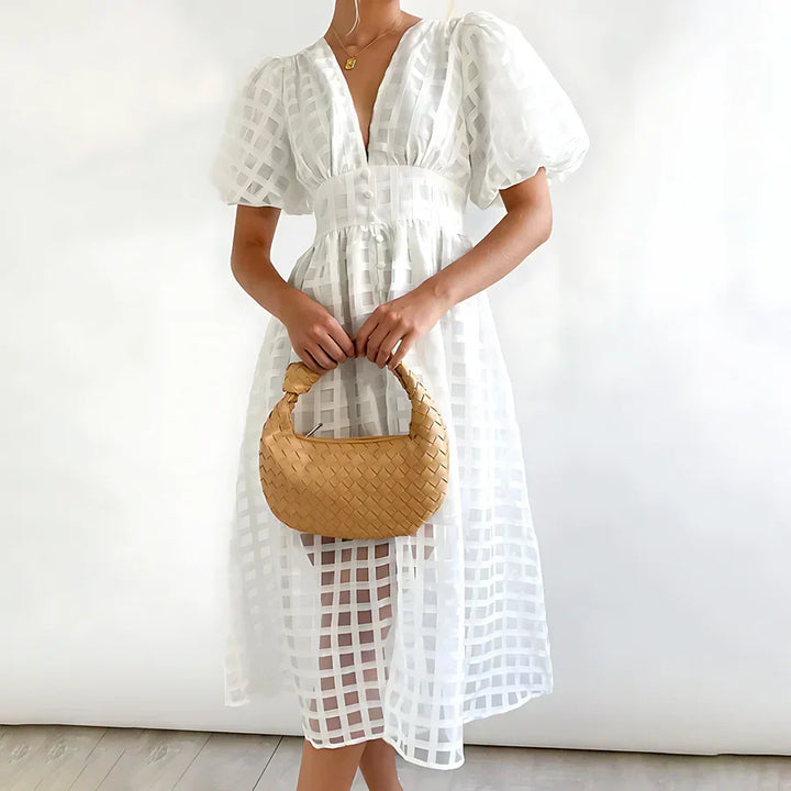 Caelis Midi Dress with Puff Sleeves in Classic Pattern, view 4 - Elena Harper