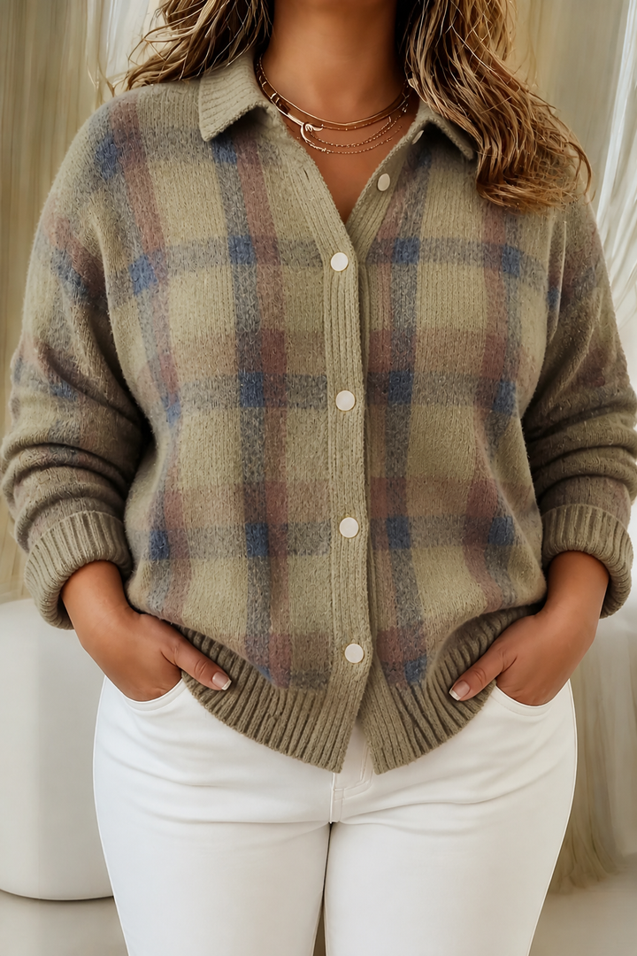 Women's Plaid Button-Up Cardigan with Collar, view 5 - Elena Harper