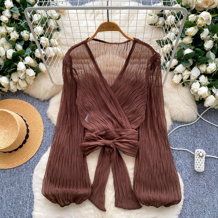Bylle - V-neck Blouse with Bow and Ruffles