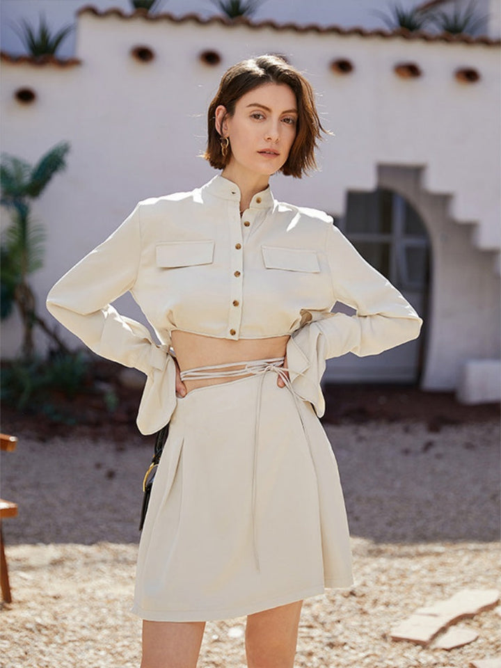 Button-Up Tie-Waist Skirt Set