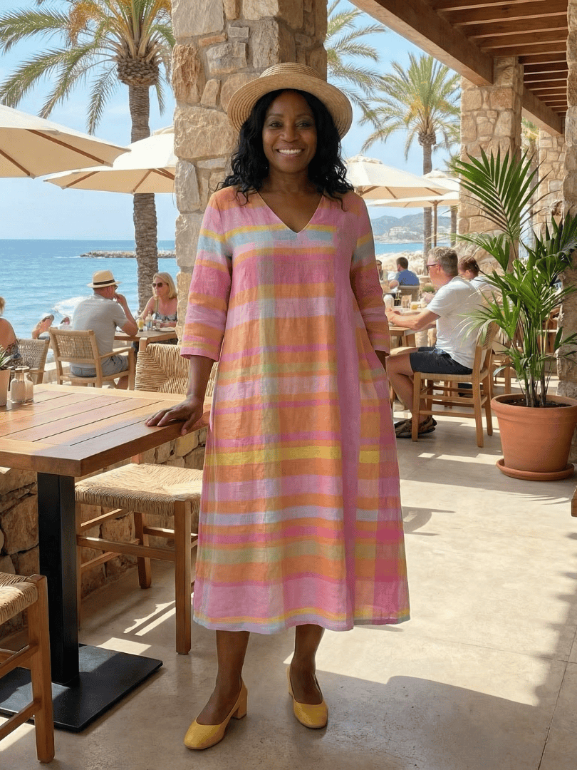 Tessa™ Drape Stripe Midi Dress by Emma & Rose Cape Town, featuring flowing fabric and elegant drape, in a stylish striped design.