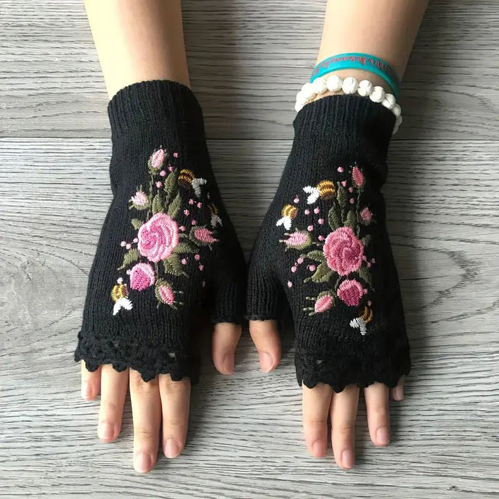 Warm Gloves with Floral Embroidery