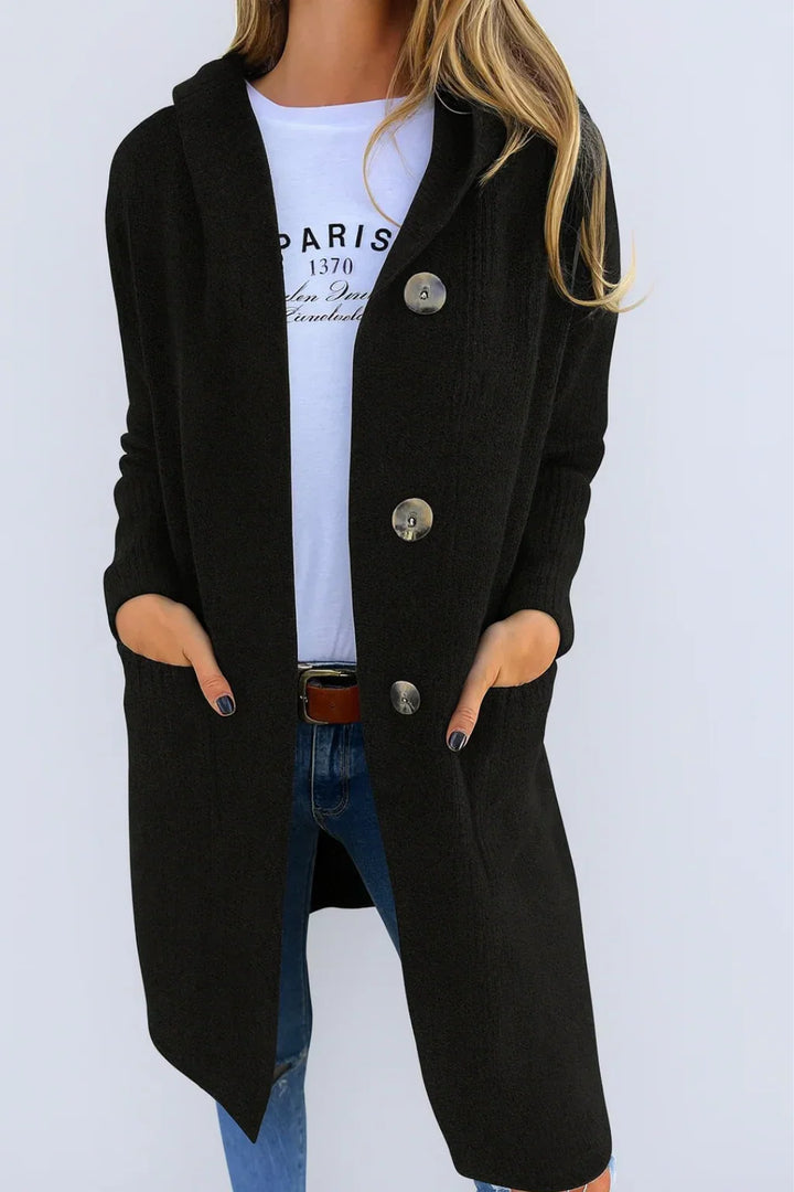 Sophie - Elegant Long Buttoned Hooded Cardigan