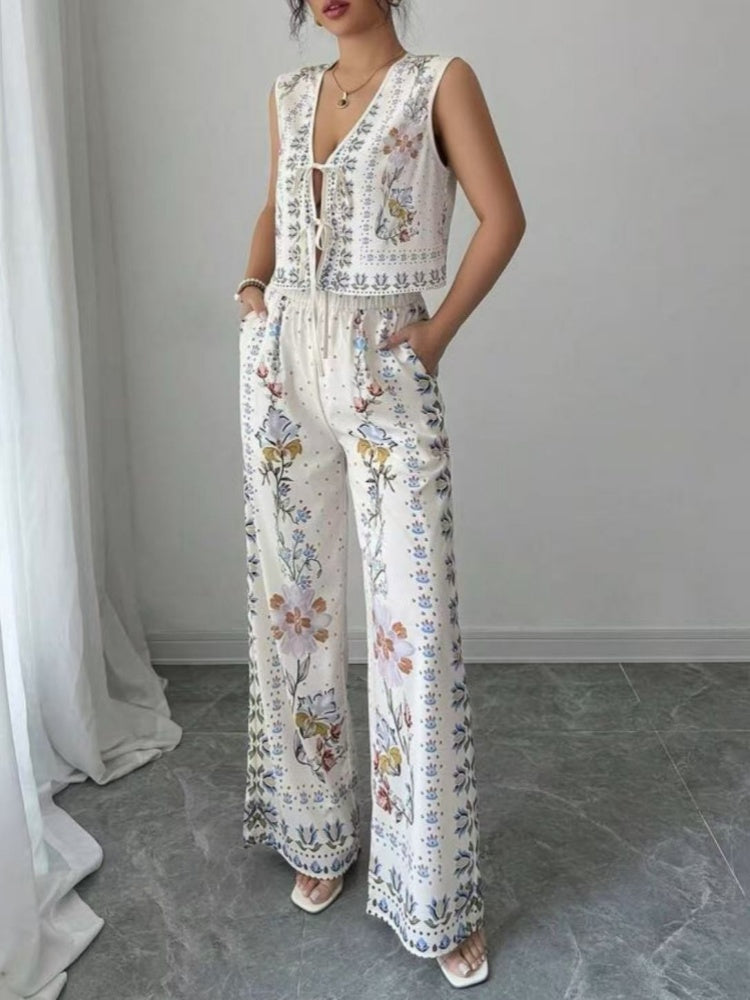 Tie-Up Vest & Wide-Leg Pants Set – Sky Blue Print