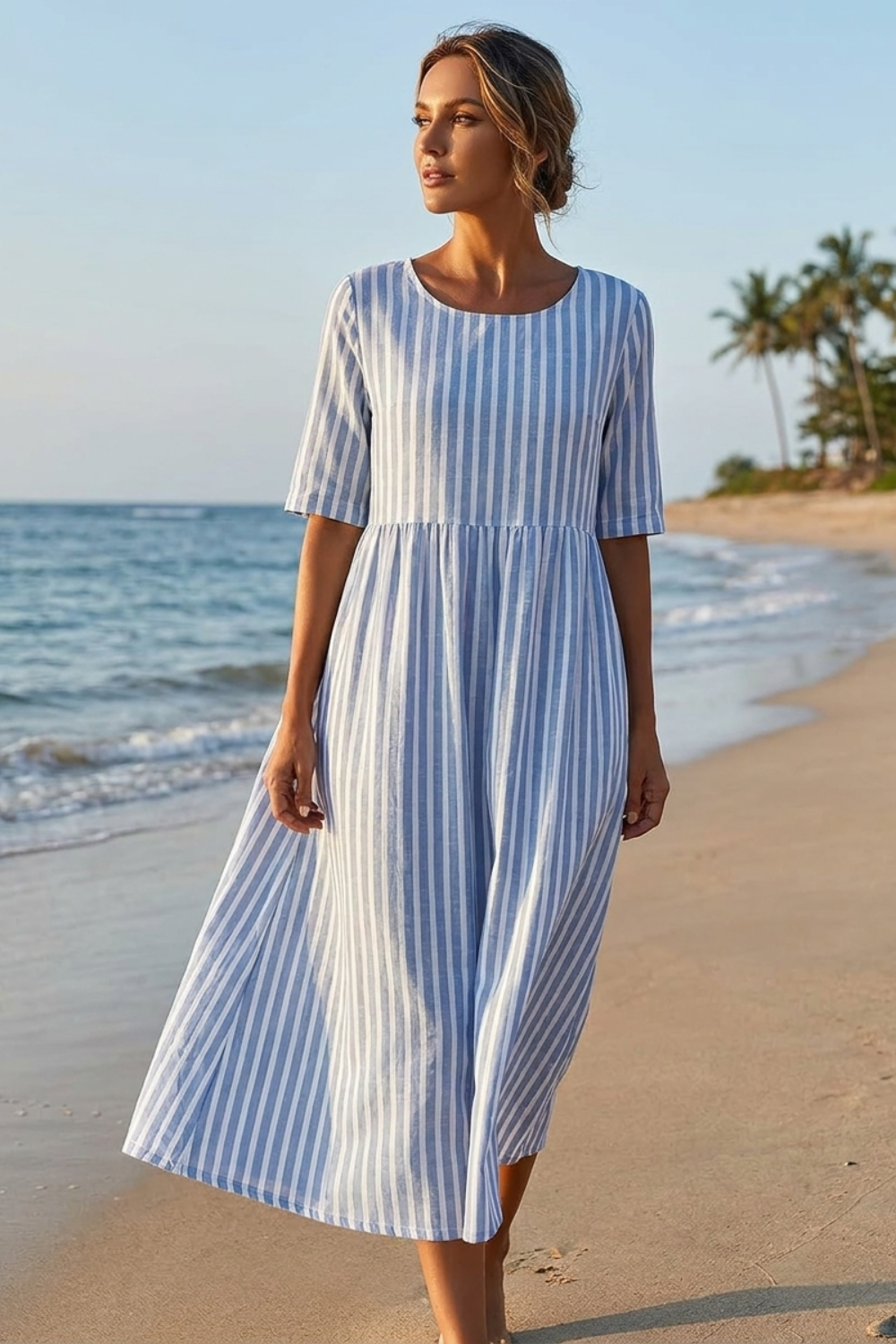 Women's Striped Midi Dress | Smocked Waist