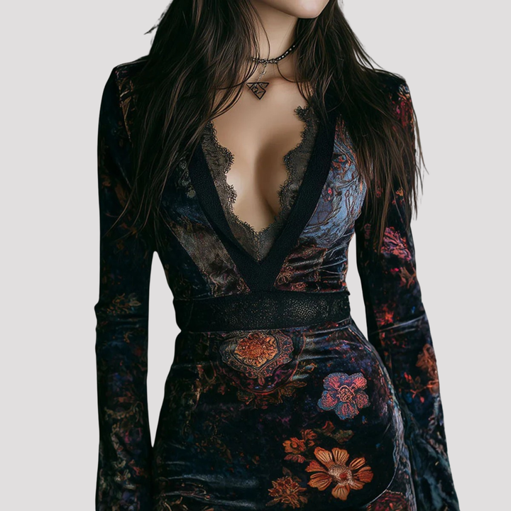Women's Floral Mini Dress with Lace Neckline