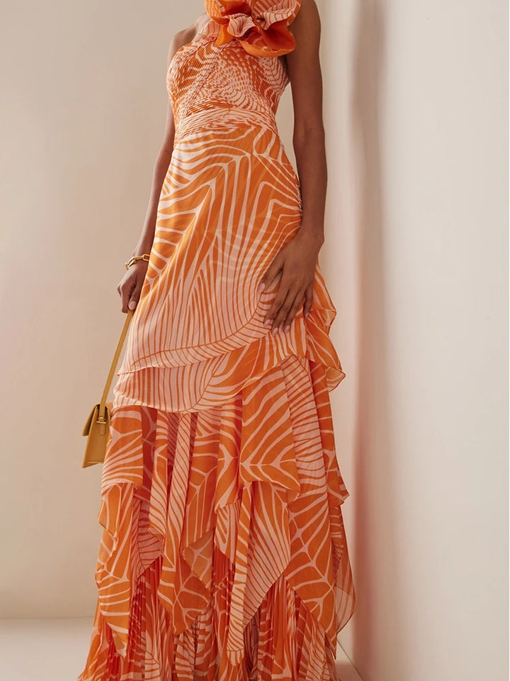 One-Shoulder Floral Salmon Print Swimsuit - Elena Harper