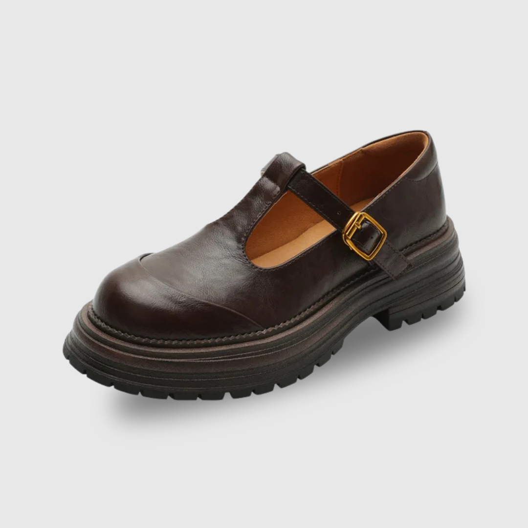 Women's T-Bar Mary Jane Shoes Round Toe Brogue Detail - Elena Harper
