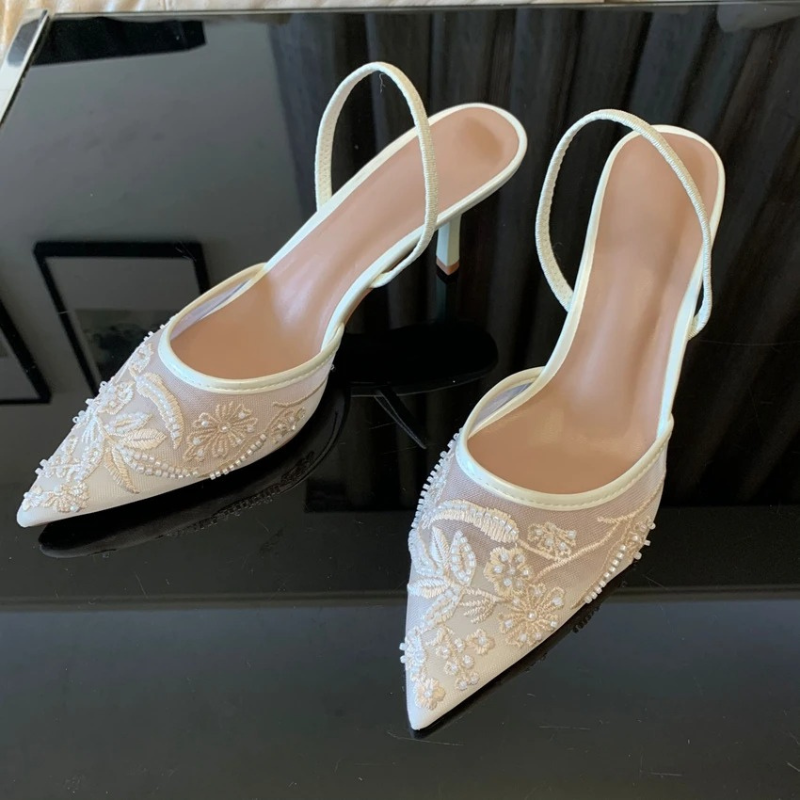 Embroidered Mesh Slingback Kitten Heels Pointed Toe