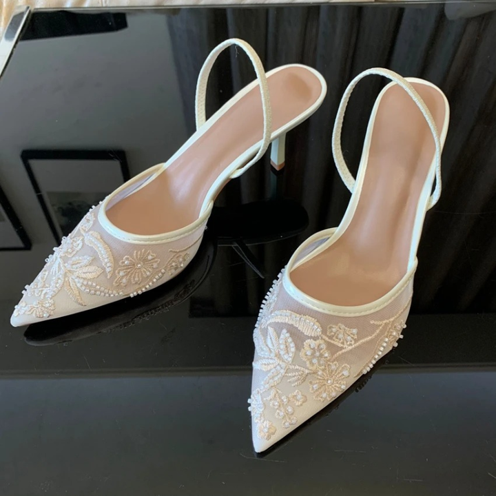 Embroidered Mesh Slingback Kitten Heels Pointed Toe